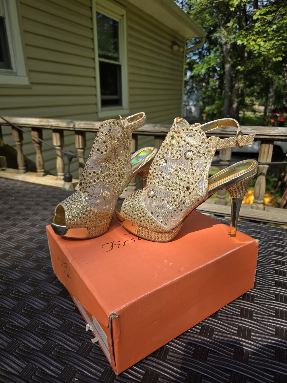 First Sight Gold Embellished Peep-Toe Platform Heels